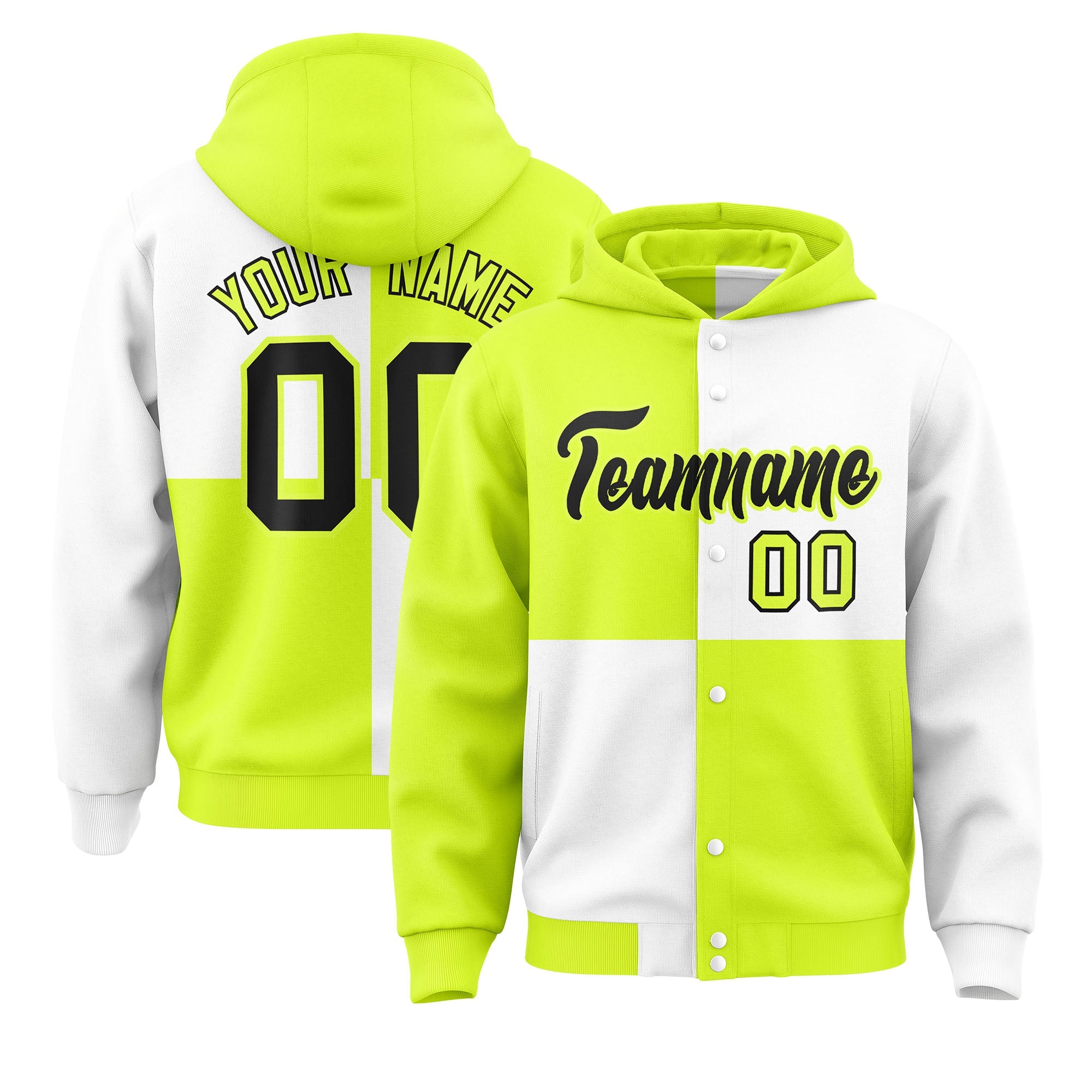 Custom Green White Varsity Full-Snap Four Squares Color Block Letterman Hoodie Jacket