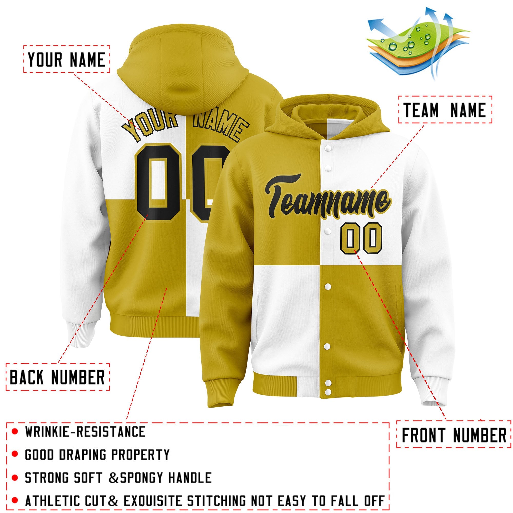 Custom Old Gold White Varsity Full-Snap Four Squares Color Block Letterman Hoodie Jacket