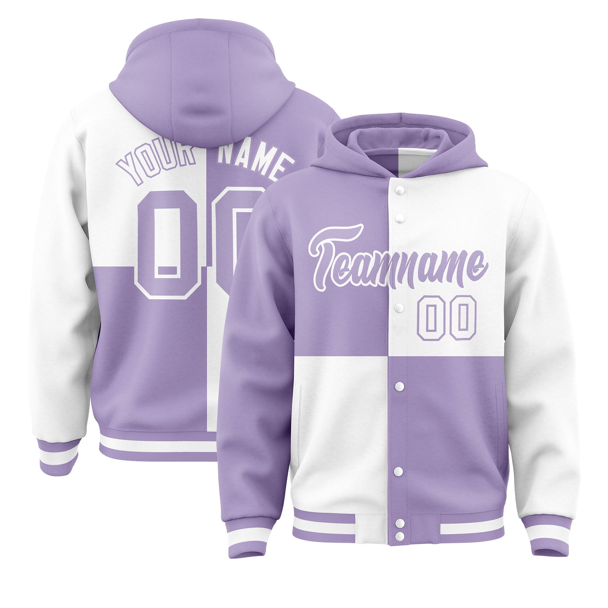 Custom Light Purple White Varsity Full-Snap Four Squares Color Block Letterman Hoodie Jacket