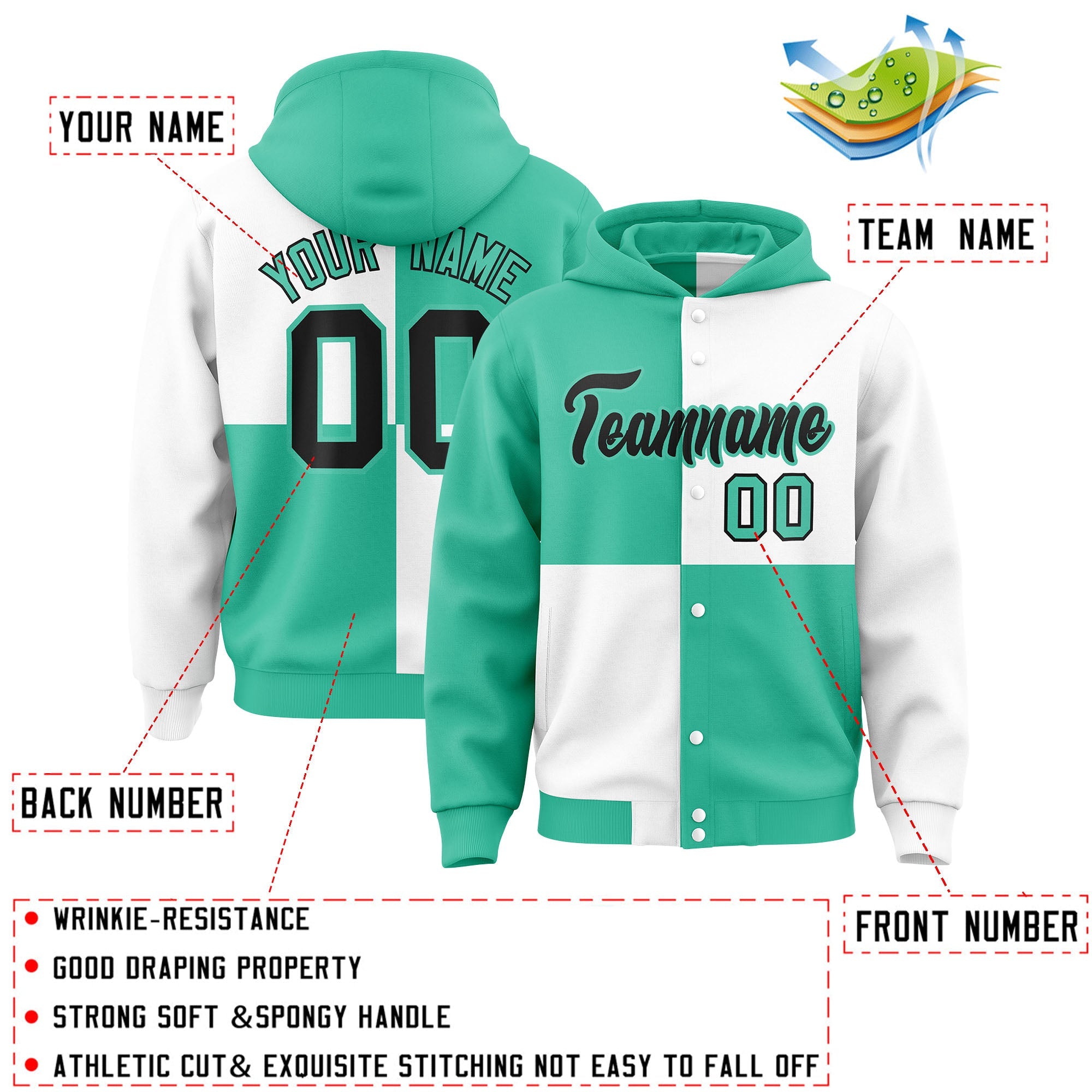 Custom Bright Green White Varsity Full-Snap Four Squares Color Block Letterman Hoodie Jacket