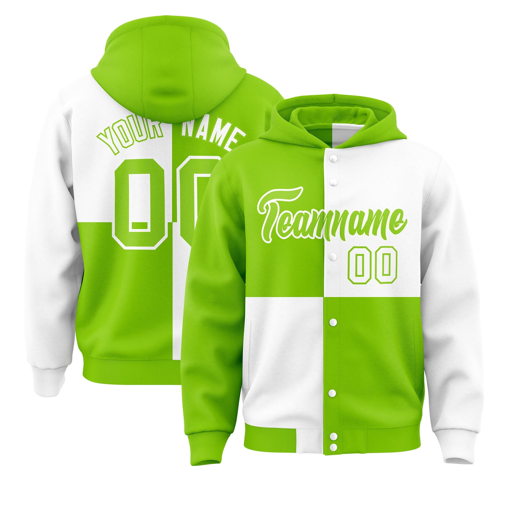 Custom Neon Green White Varsity Full-Snap Four Squares Color Block Letterman Hoodie Jacket