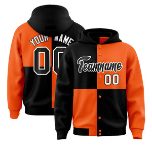 Custom Black Orange Varsity Full-Snap Four Squares Color Block Letterman Hoodie Jacket