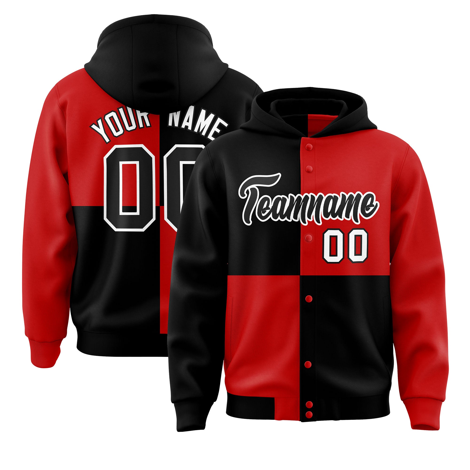 Custom Black Red Varsity Full-Snap Four Squares Color Block Letterman Hoodie Jacket