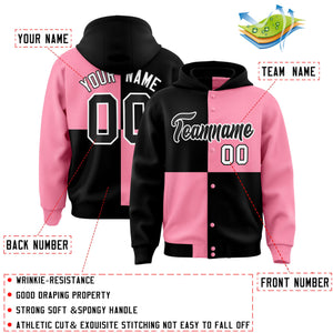 Custom Black Light Pink Varsity Full-Snap Four Squares Color Block Letterman Hoodie Jacket