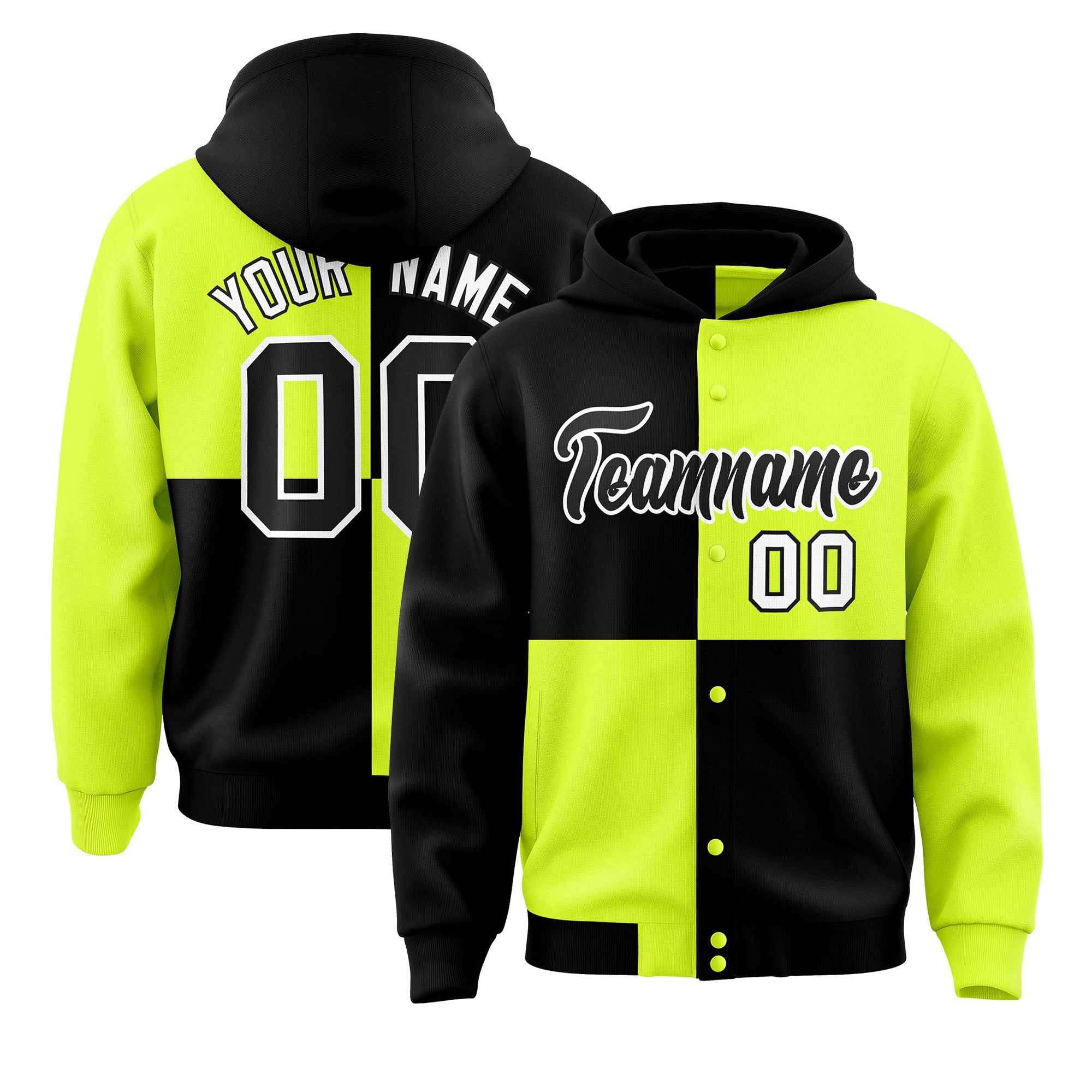 Custom Black Green Varsity Full-Snap Four Squares Color Block Letterman Hoodie Jacket