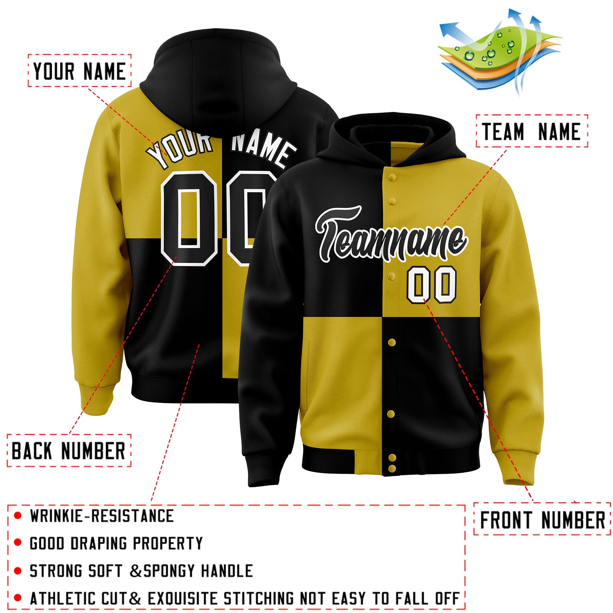 Custom Black Old Gold Varsity Full-Snap Four Squares Color Block Letterman Hoodie Jacket