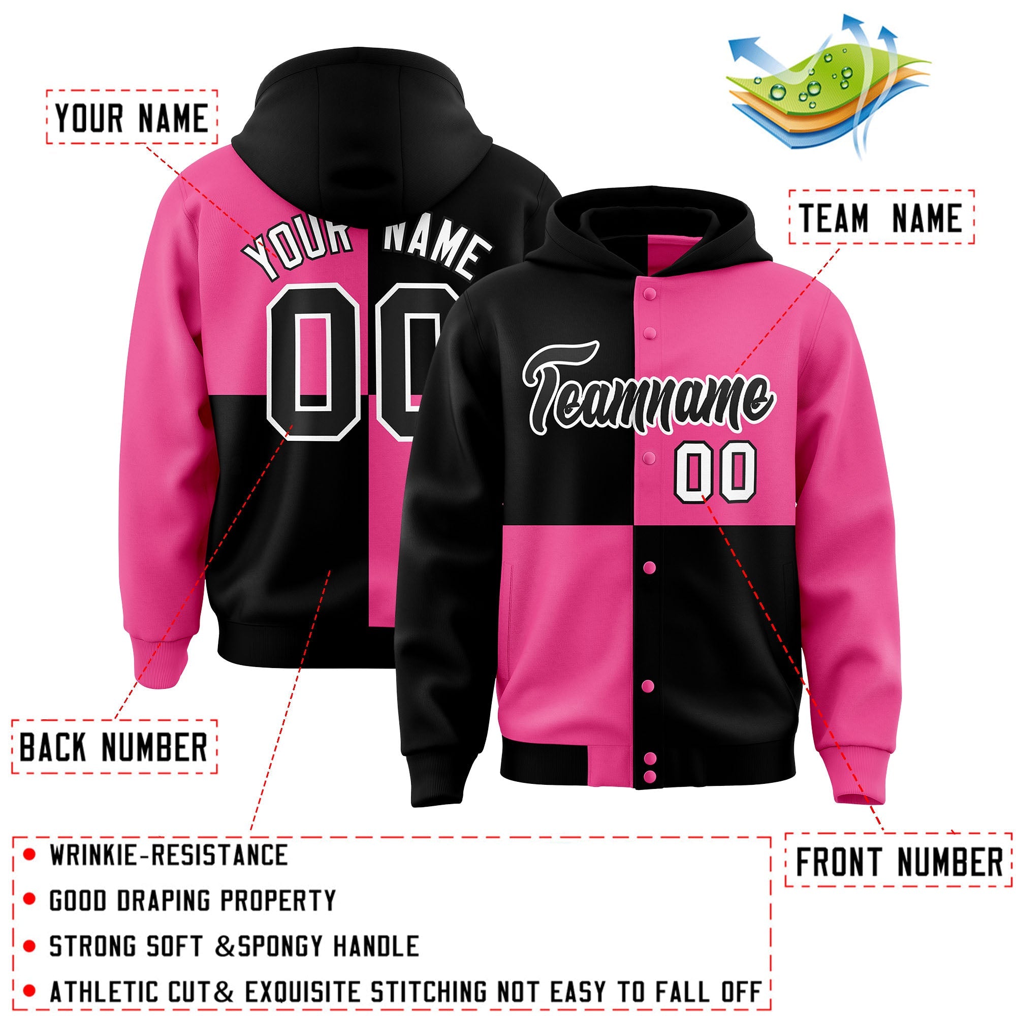 Custom Black Pink Varsity Full-Snap Four Squares Color Block Letterman Hoodie Jacket