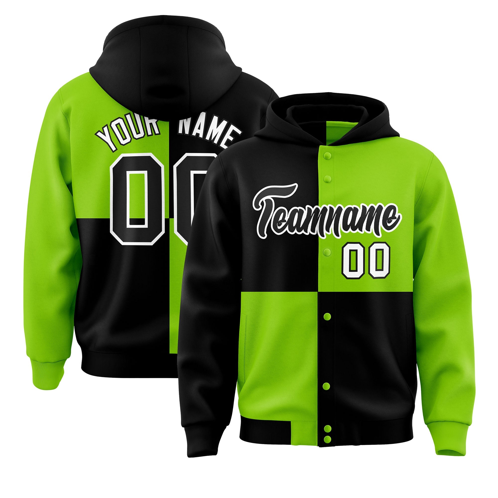 Custom Black Neon Green Varsity Full-Snap Four Squares Color Block Letterman Hoodie Jacket