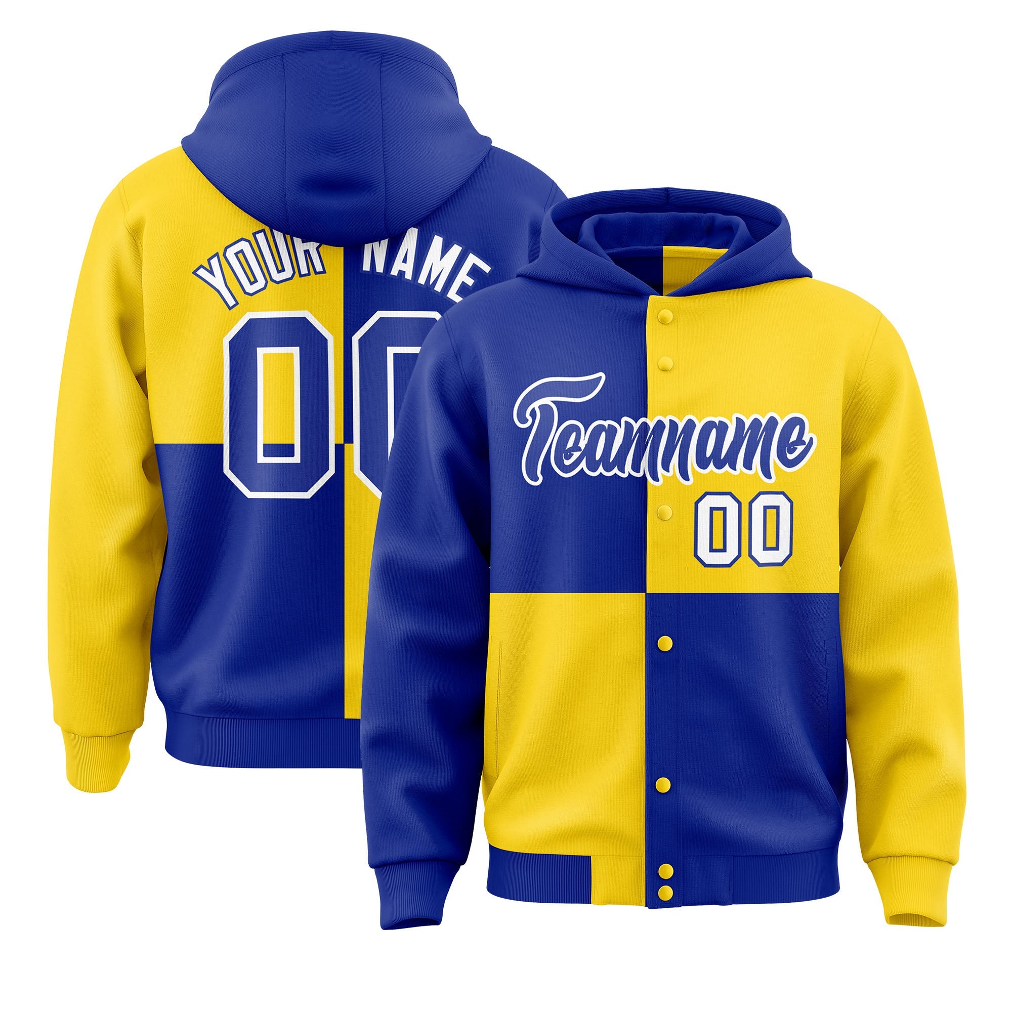 Custom Royal Gold Varsity Full-Snap Four Squares Color Block Letterman Hoodie Jacket