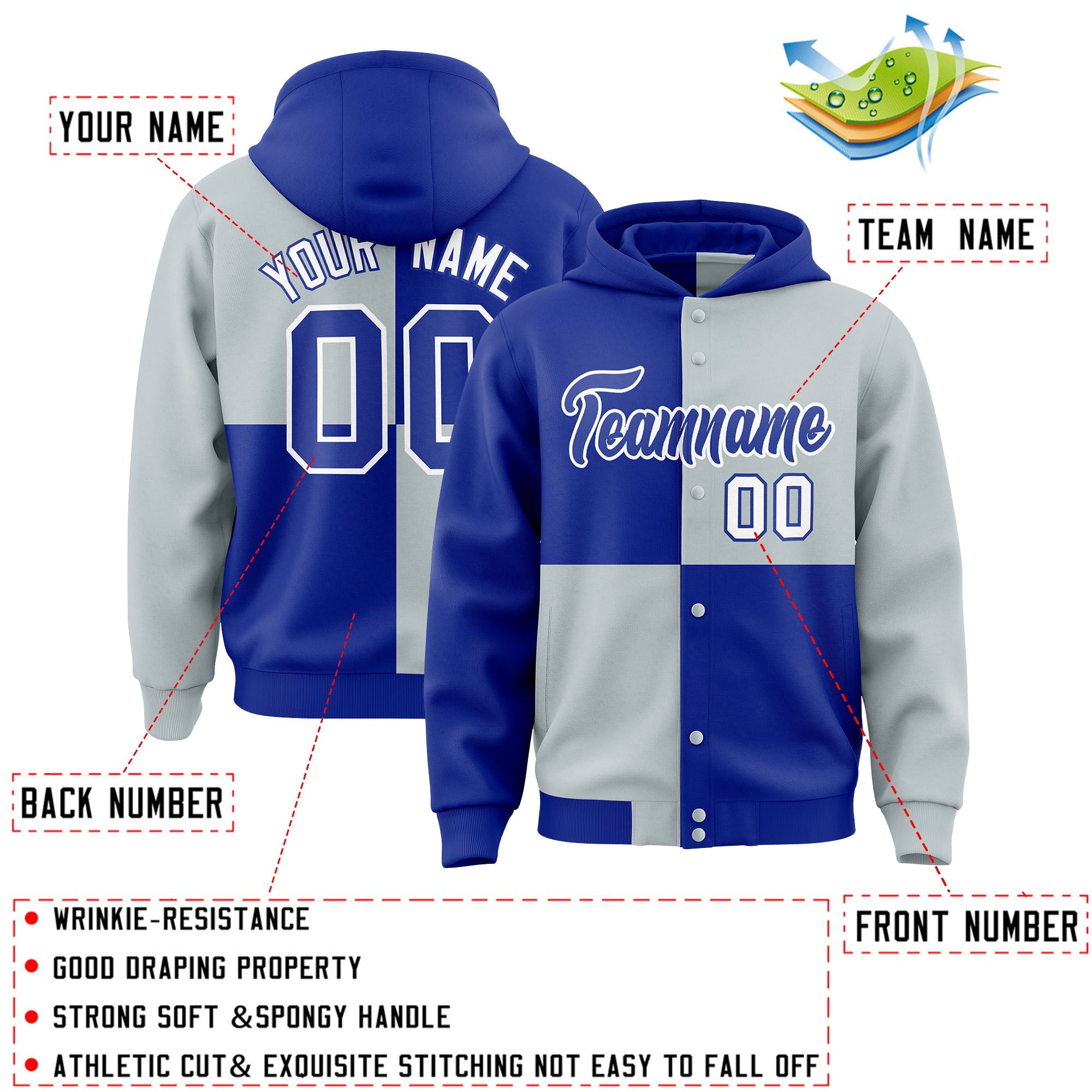 Custom Royal Silver Varsity Full-Snap Four Squares Color Block Letterman Hoodie Jacket