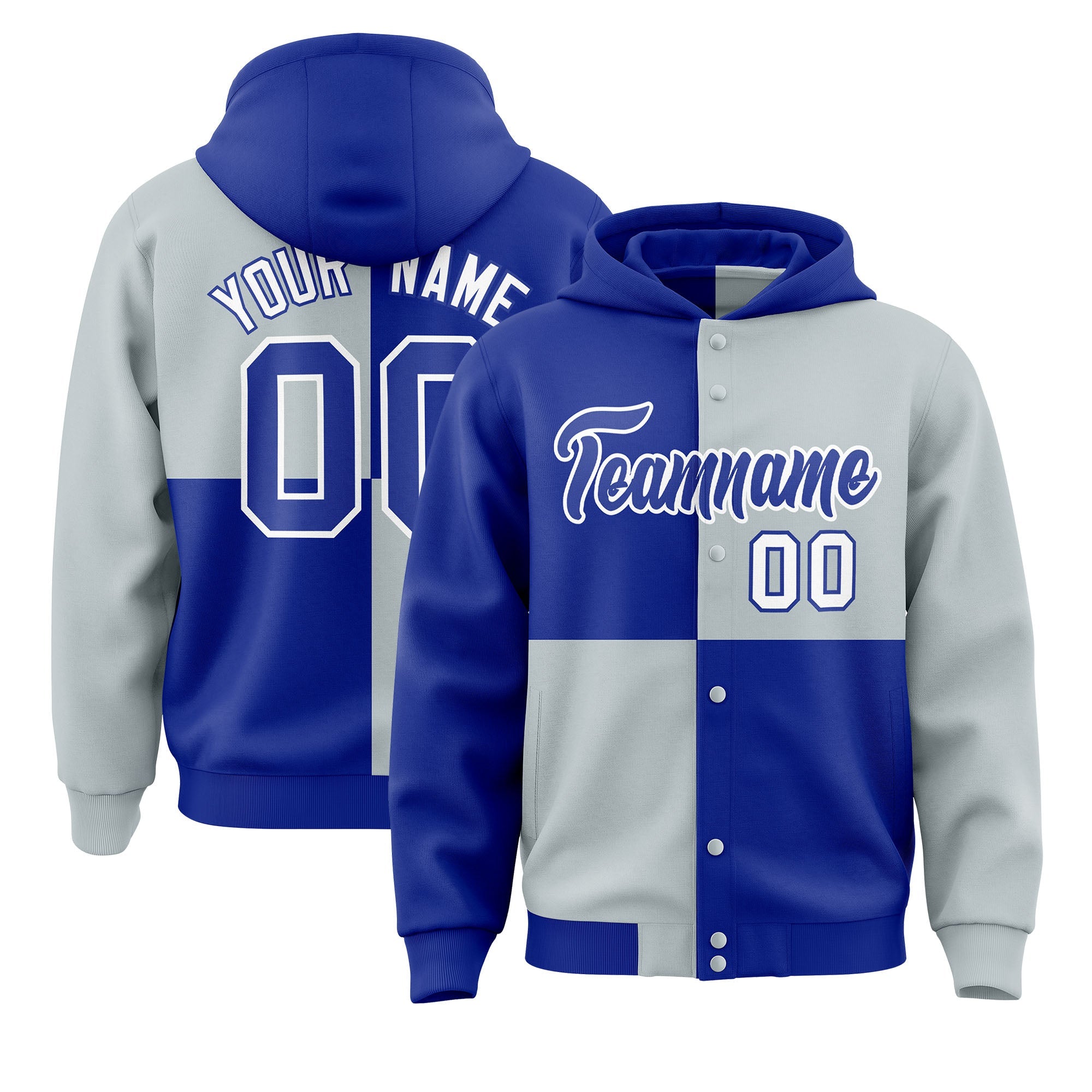 Custom Royal Silver Varsity Full-Snap Four Squares Color Block Letterman Hoodie Jacket