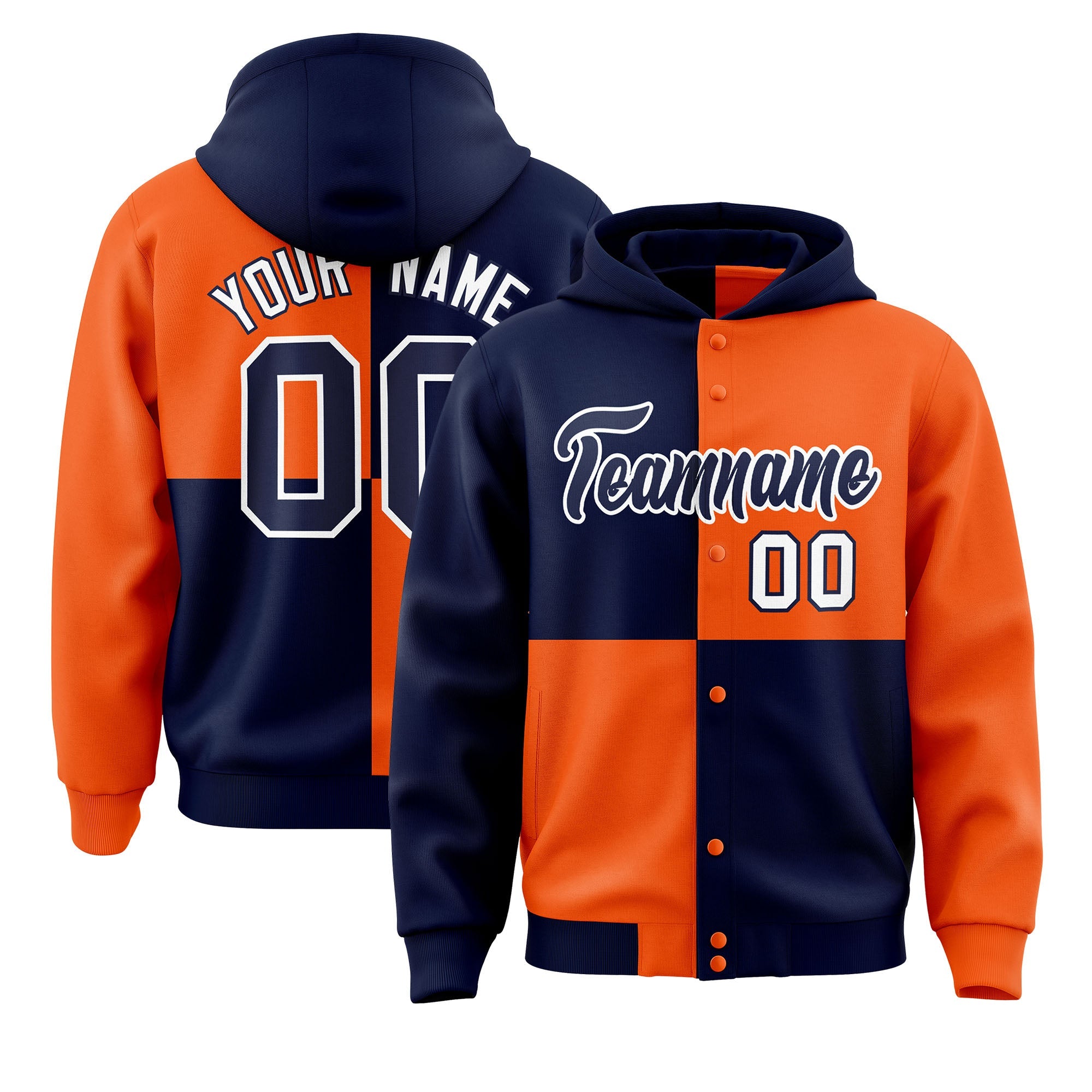 Custom Navy Orange Varsity Full-Snap Four Squares Color Block Letterman Hoodie Jacket