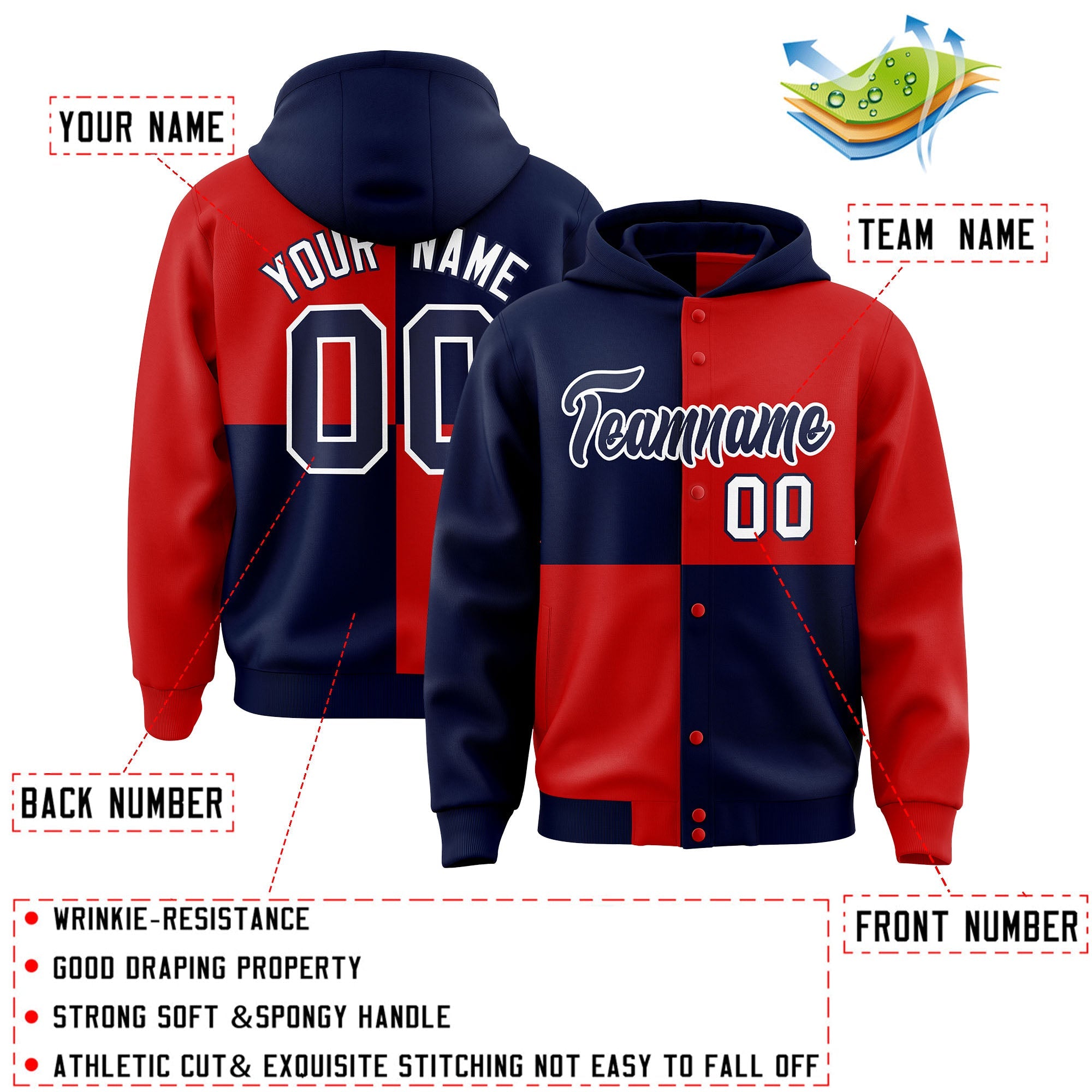 Custom Navy Red Varsity Full-Snap Four Squares Color Block Letterman Hoodie Jacket