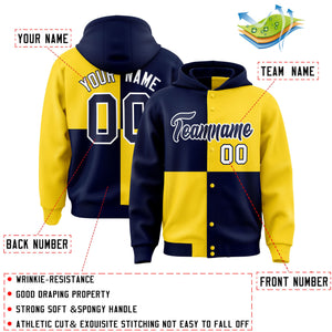 Custom Navy Gold Varsity Full-Snap Four Squares Color Block Letterman Hoodie Jacket