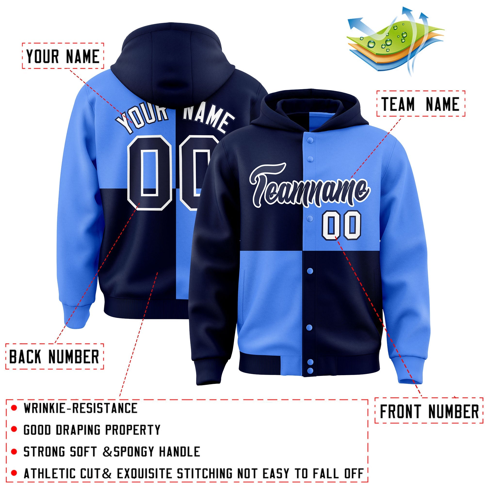 Custom Navy Powder Blue Varsity Full-Snap Four Squares Color Block Letterman Hoodie Jacket