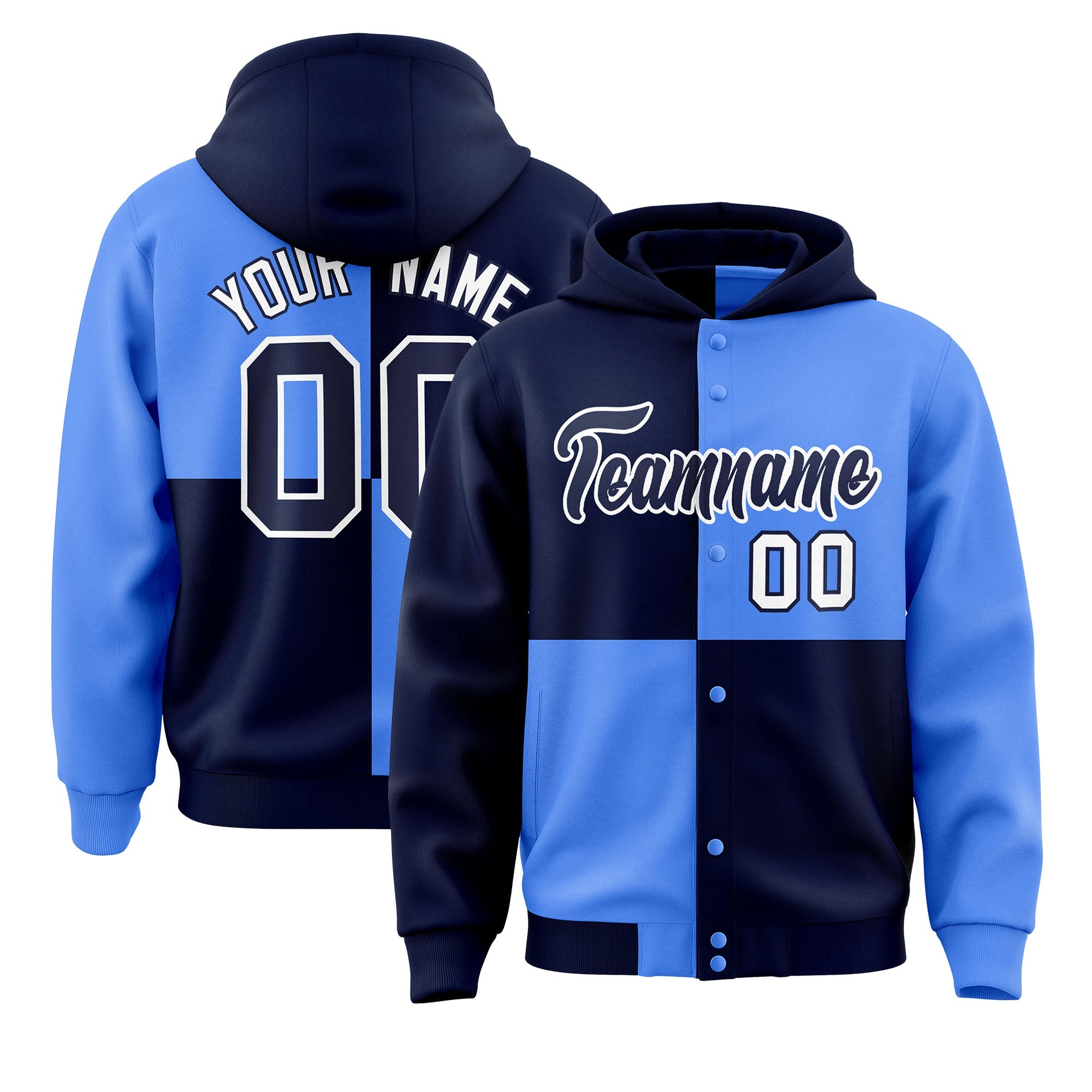 Custom Navy Powder Blue Varsity Full-Snap Four Squares Color Block Letterman Hoodie Jacket