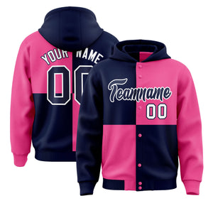 Custom Navy Pink Varsity Full-Snap Four Squares Color Block Letterman Hoodie Jacket