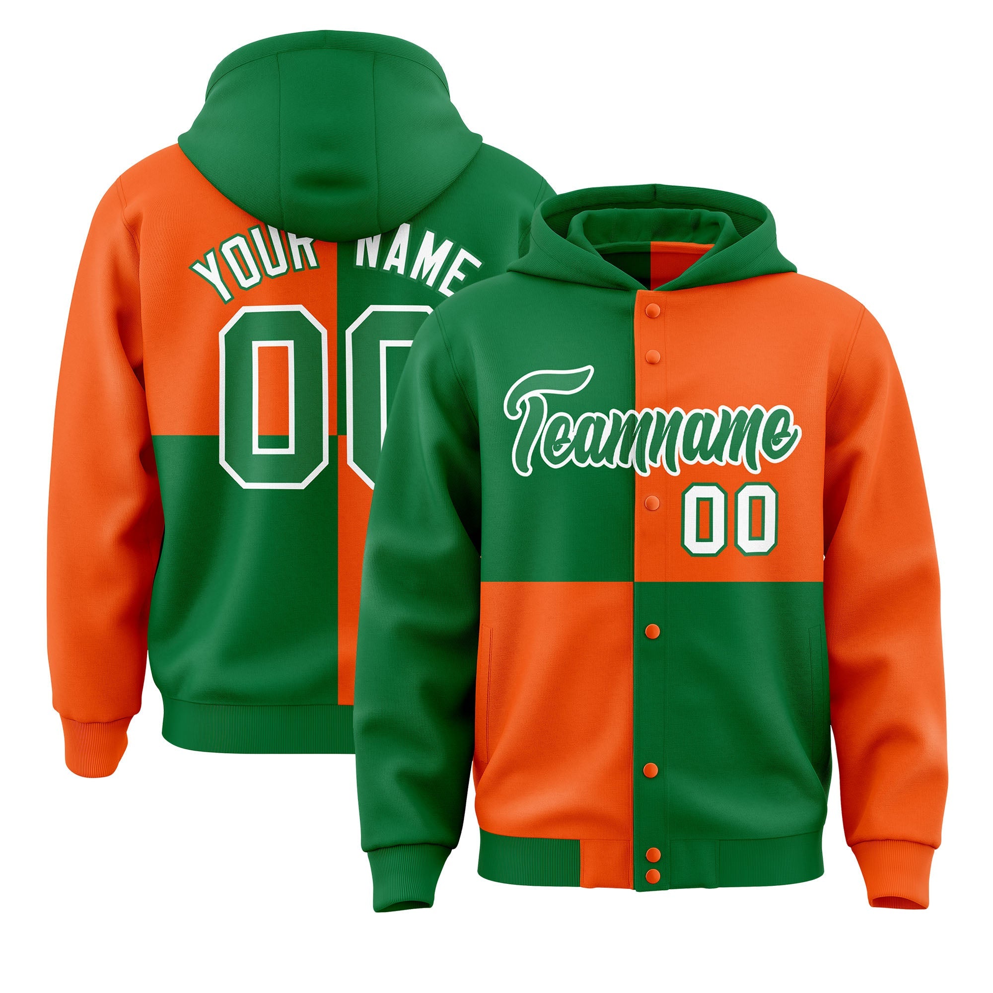 Custom Kelly Green Orange Varsity Full-Snap Four Squares Color Block Letterman Hoodie Jacket