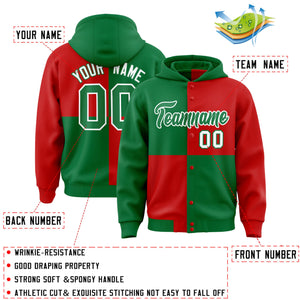 Custom Kelly Green Red Varsity Full-Snap Four Squares Color Block Letterman Hoodie Jacket