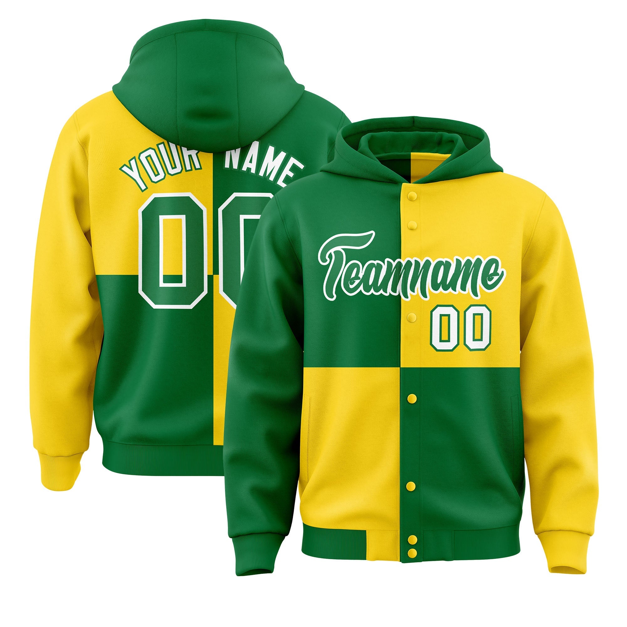 Custom Kelly Green Gold Varsity Full-Snap Four Squares Color Block Letterman Hoodie Jacket