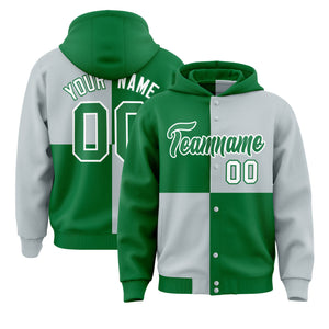 Custom Kelly Green Silver Varsity Full-Snap Four Squares Color Block Letterman Hoodie Jacket