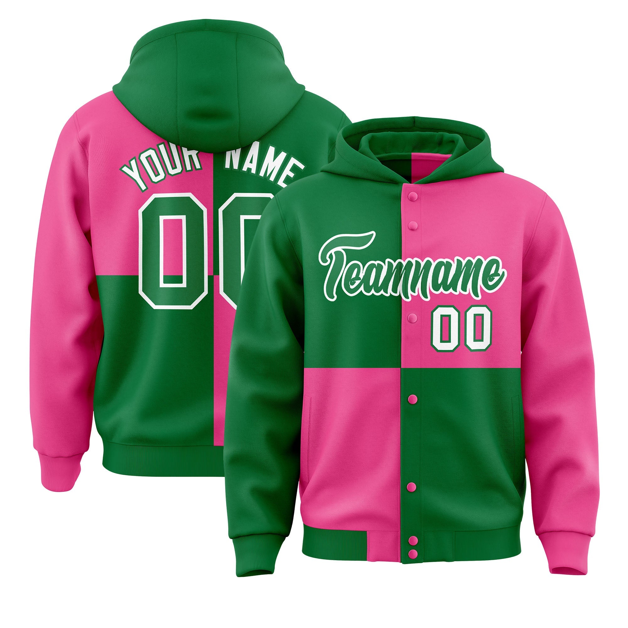 Custom Kelly Green Pink Varsity Full-Snap Four Squares Color Block Letterman Hoodie Jacket