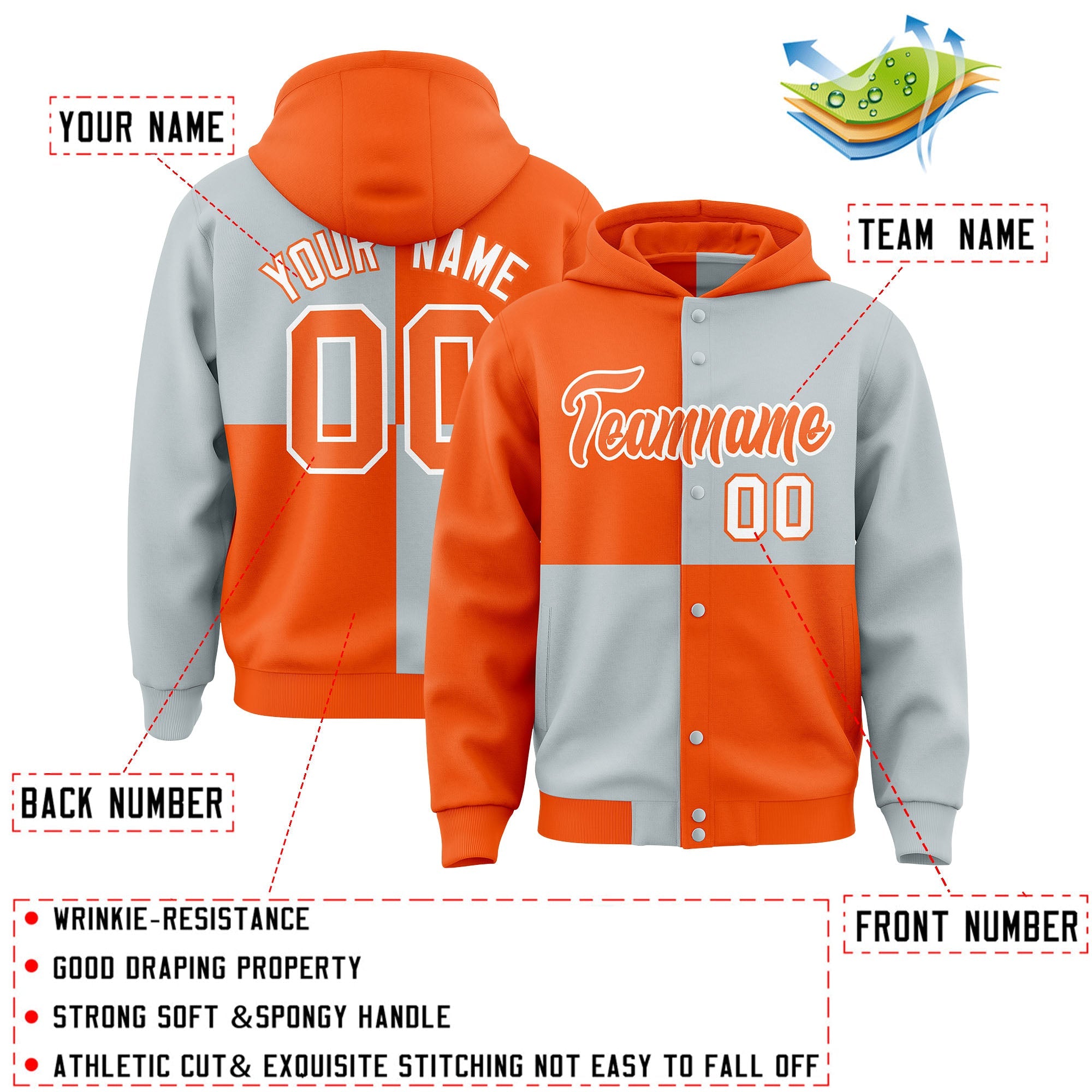 Custom Orange Silver Varsity Full-Snap Four Squares Color Block Letterman Hoodie Jacket