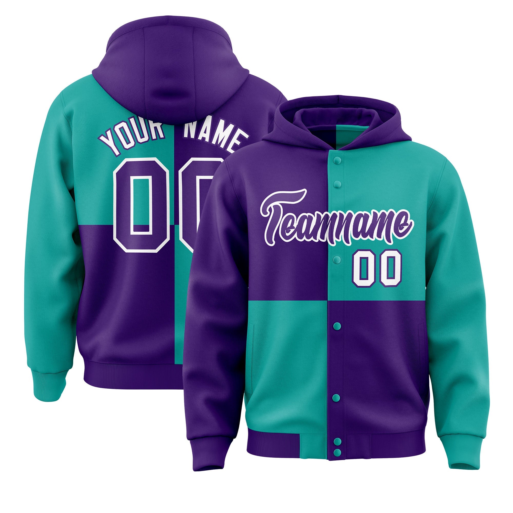 Custom Purple Aqua Varsity Full-Snap Four Squares Color Block Letterman Hoodie Jacket