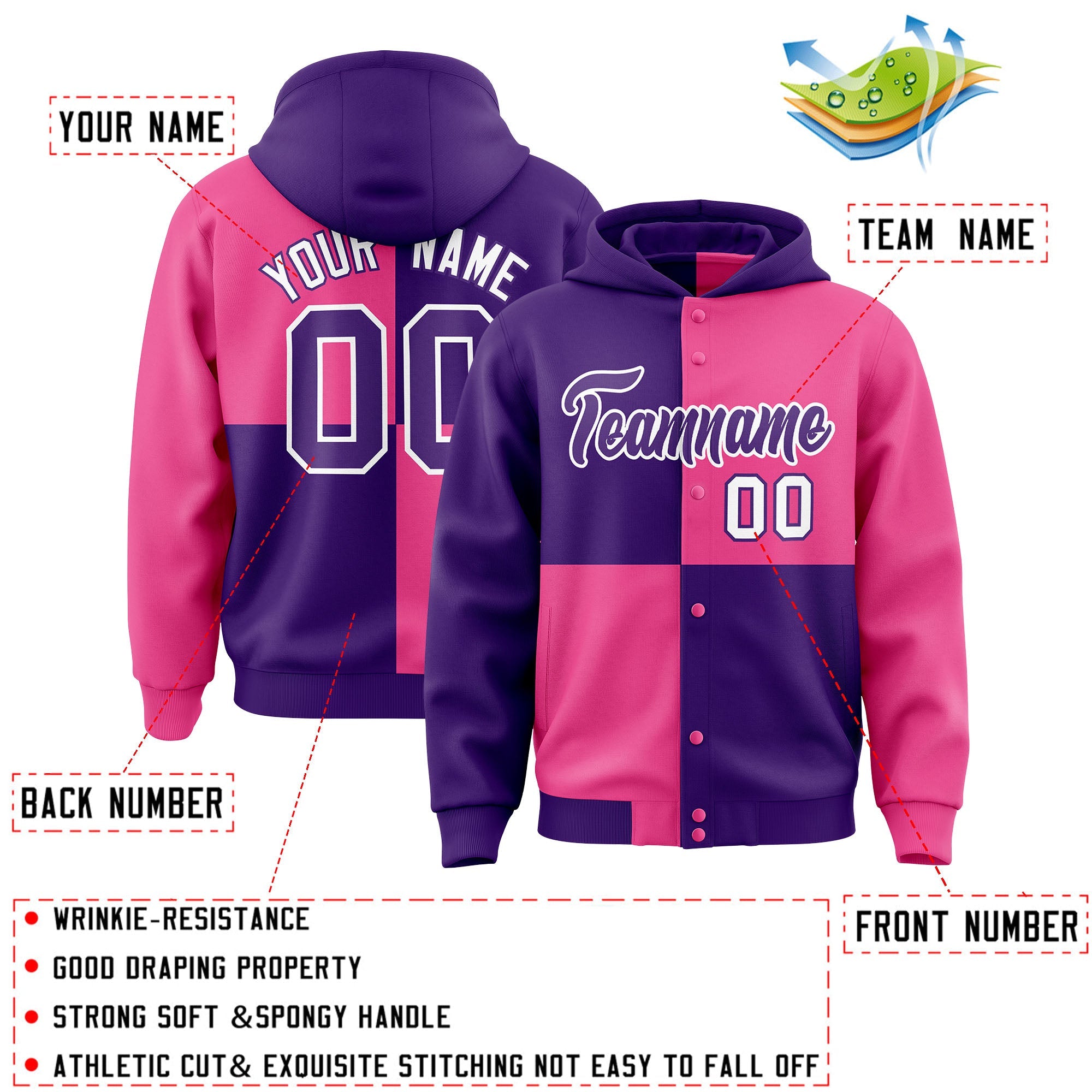 Custom Purple Pink Varsity Full-Snap Four Squares Color Block Letterman Hoodie Jacket