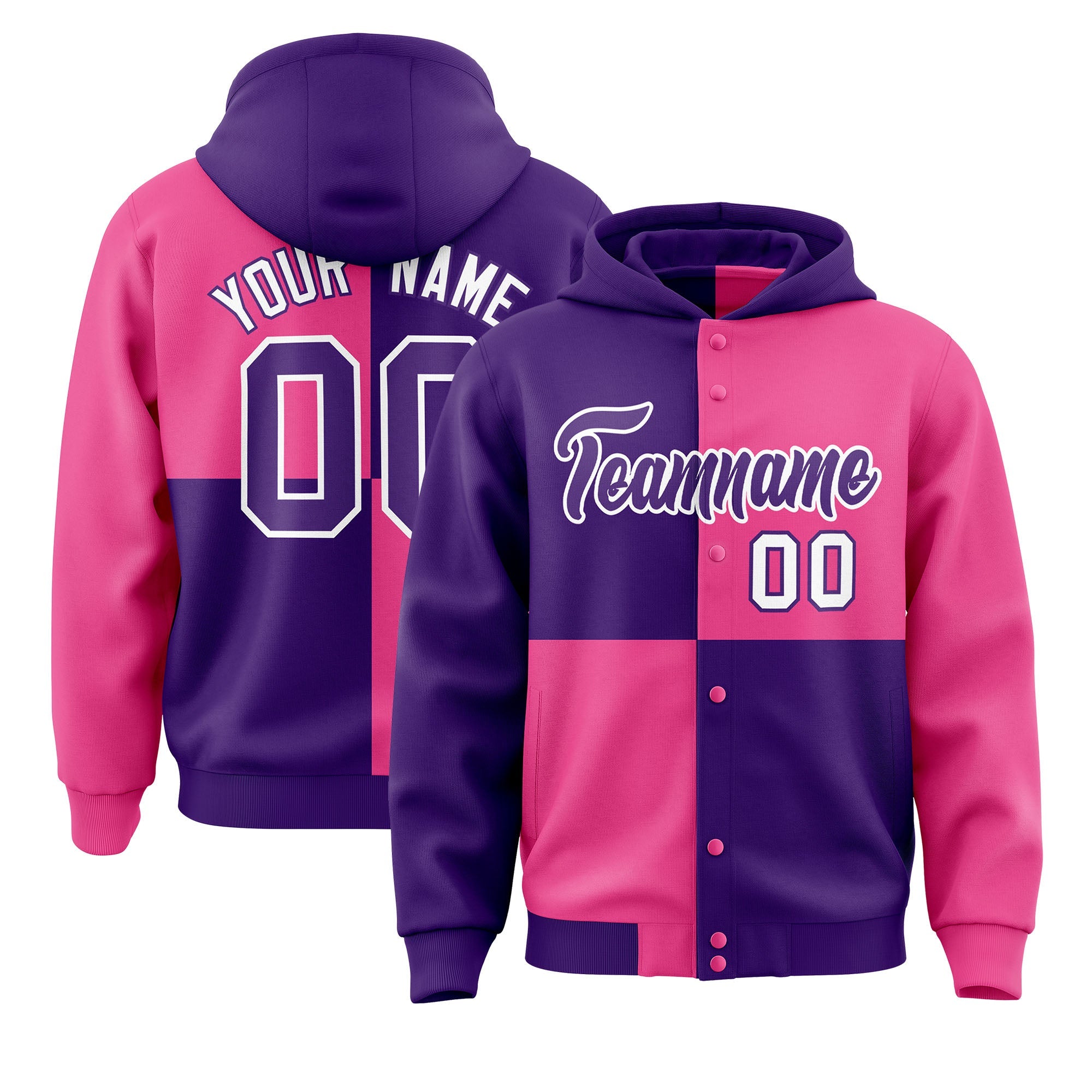 Custom Purple Pink Varsity Full-Snap Four Squares Color Block Letterman Hoodie Jacket