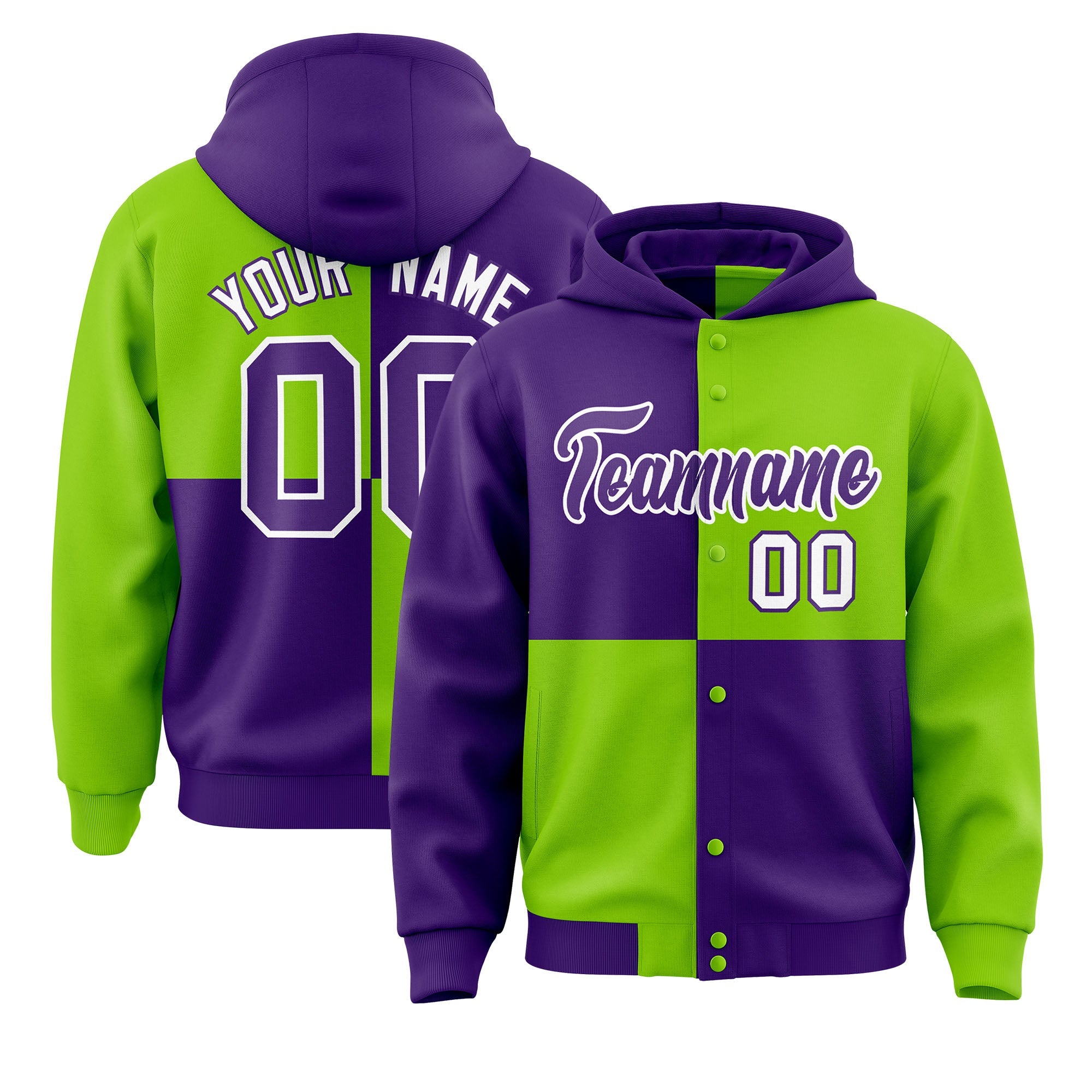 Custom Purple Neon Green Varsity Full-Snap Four Squares Color Block Letterman Hoodie Jacket