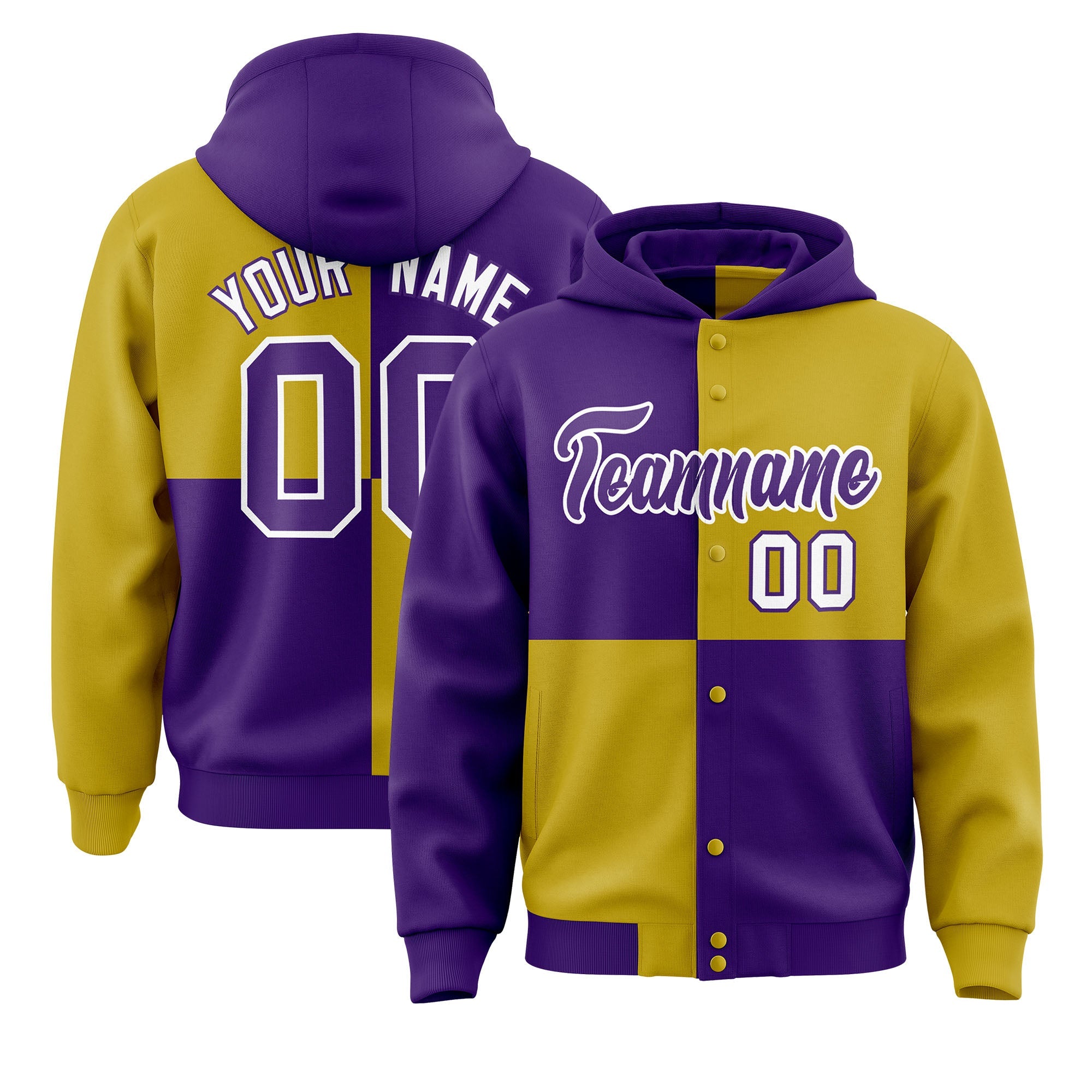 Custom Purple Old Gold Varsity Full-Snap Four Squares Color Block Letterman Hoodie Jacket