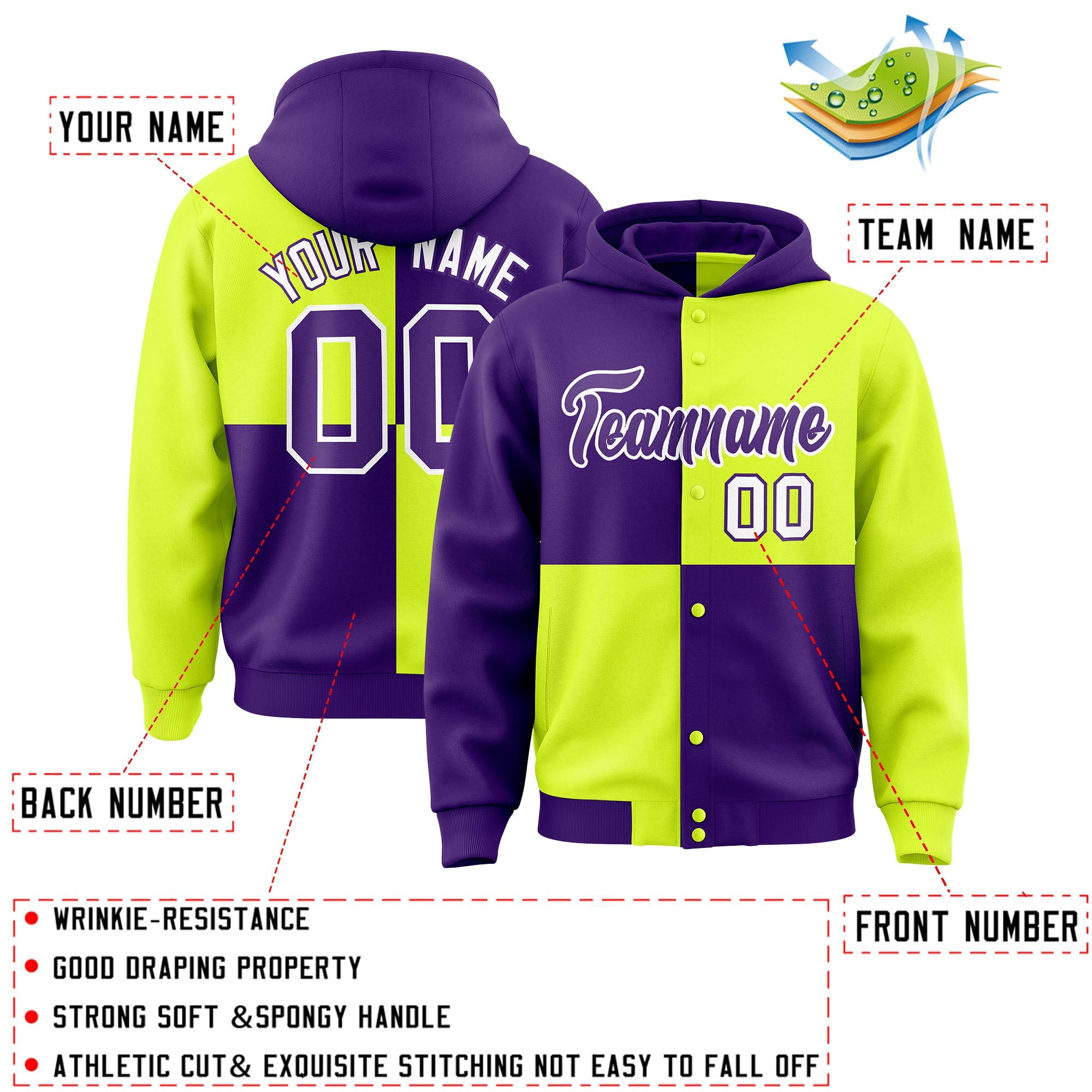 Custom Purple Green Varsity Full-Snap Four Squares Color Block Letterman Hoodie Jacket