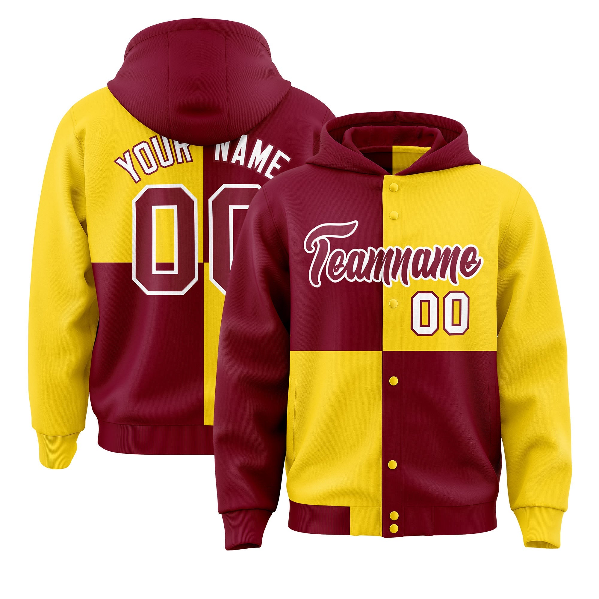 Custom Crimson Gold Varsity Full-Snap Four Squares Color Block Letterman Hoodie Jacket