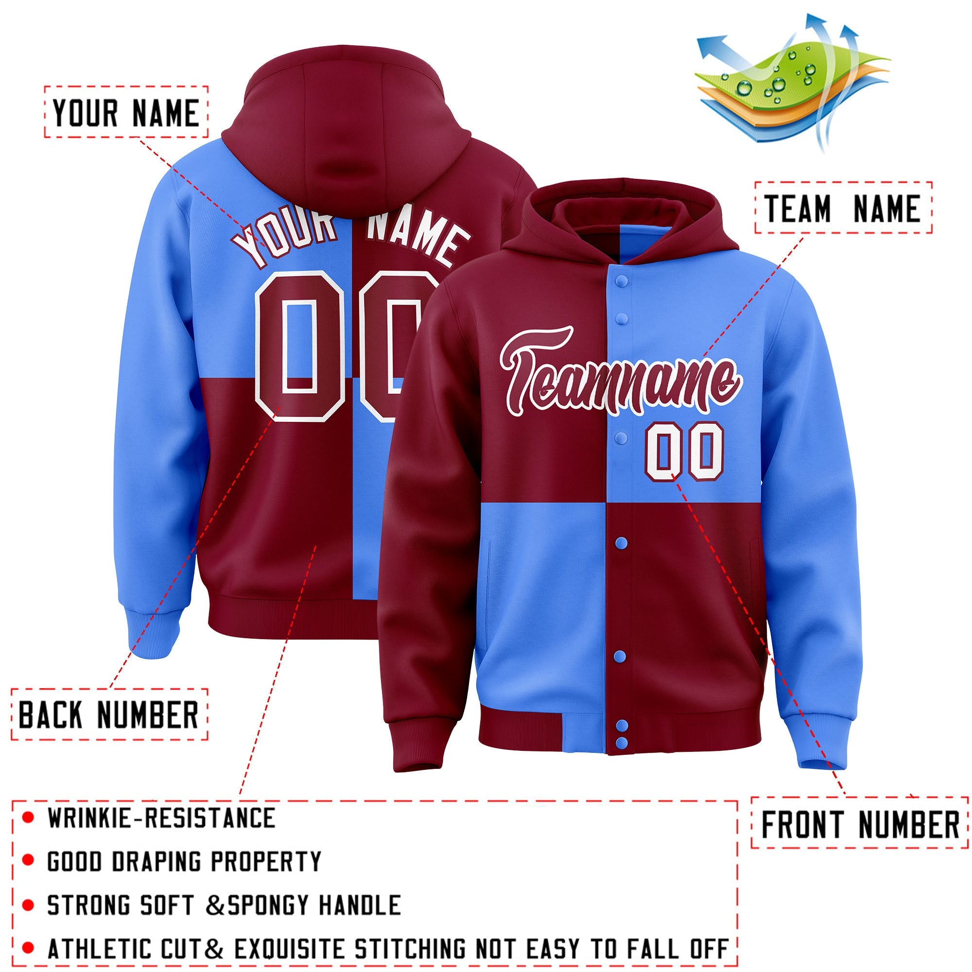 Custom Crimson Powder Blue Varsity Full-Snap Four Squares Color Block Letterman Hoodie Jacket