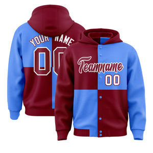 Custom Crimson Powder Blue Varsity Full-Snap Four Squares Color Block Letterman Hoodie Jacket