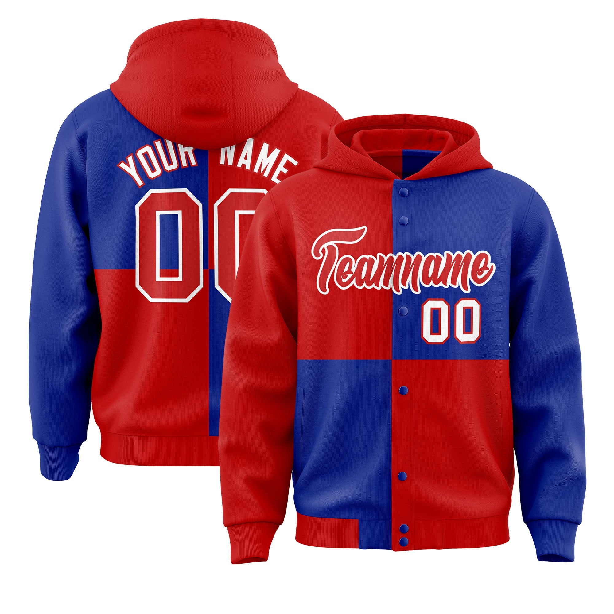 Custom Red Royal Varsity Full-Snap Four Squares Color Block Letterman Hoodie Jacket