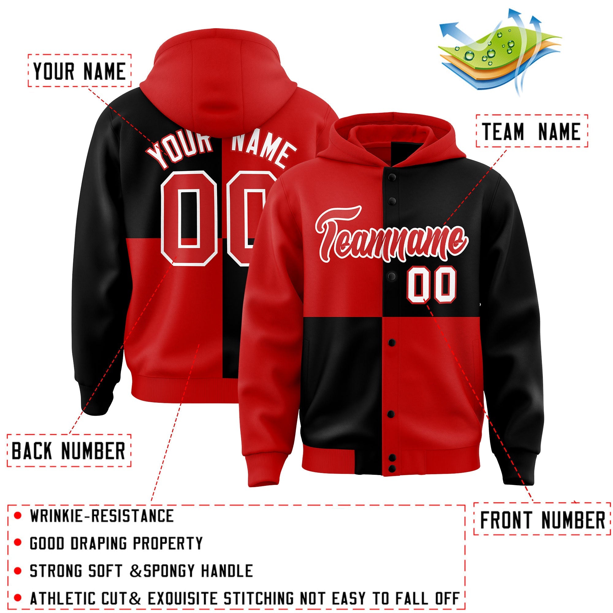 Custom Red Black Varsity Full-Snap Four Squares Color Block Letterman Hoodie Jacket