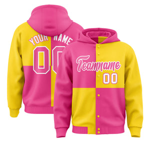 Custom Pink Gold Varsity Full-Snap Four Squares Color Block Letterman Hoodie Jacket