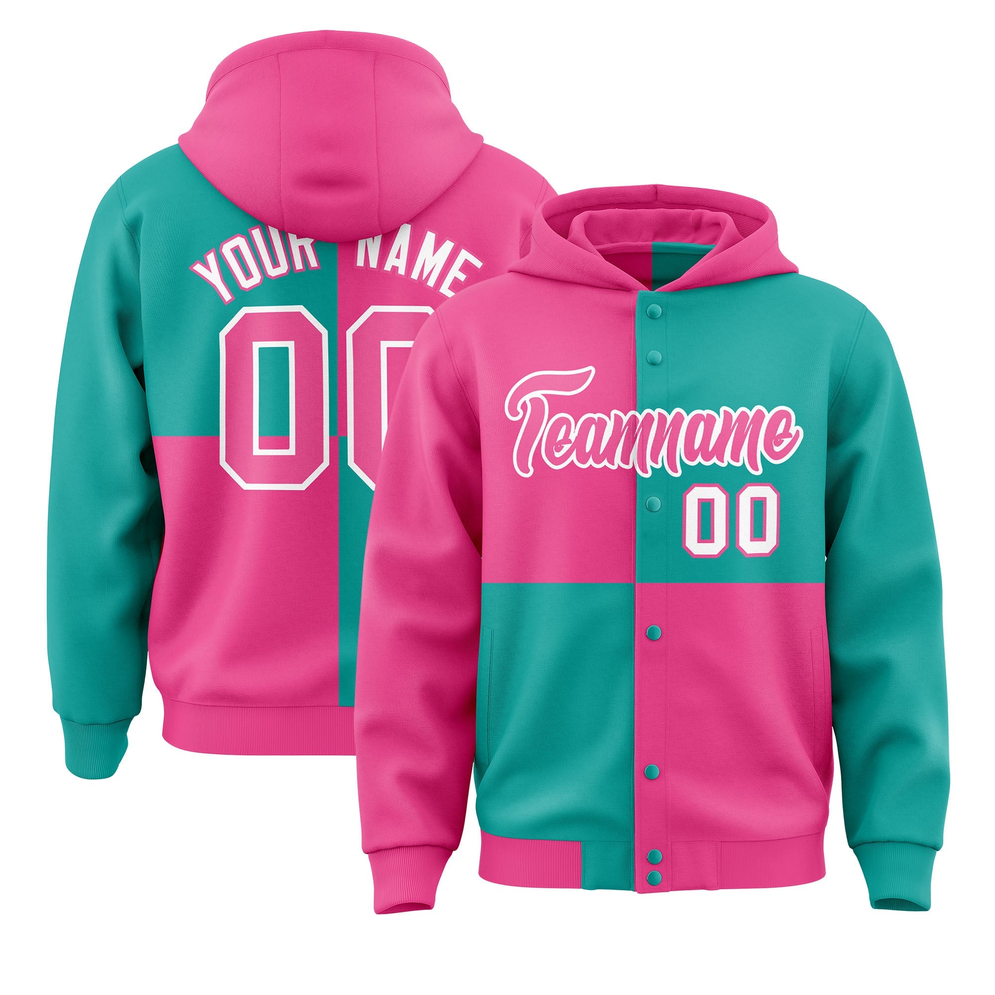 Custom Pink Aqua Varsity Full-Snap Four Squares Color Block Letterman Hoodie Jacket