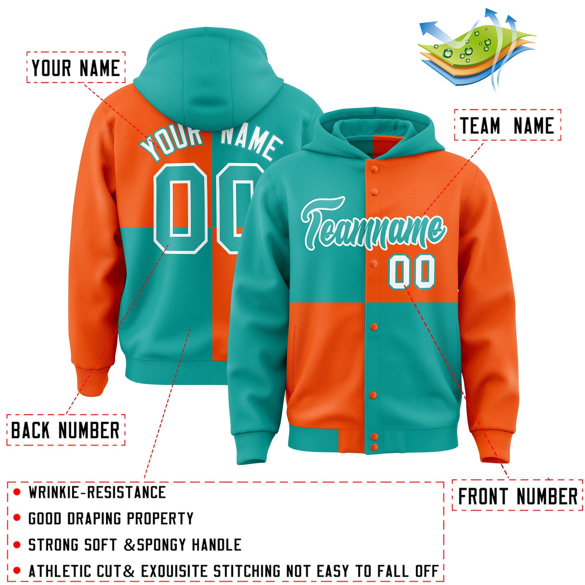 Custom Aqua Orange Varsity Full-Snap Four Squares Color Block Letterman Hoodie Jacket