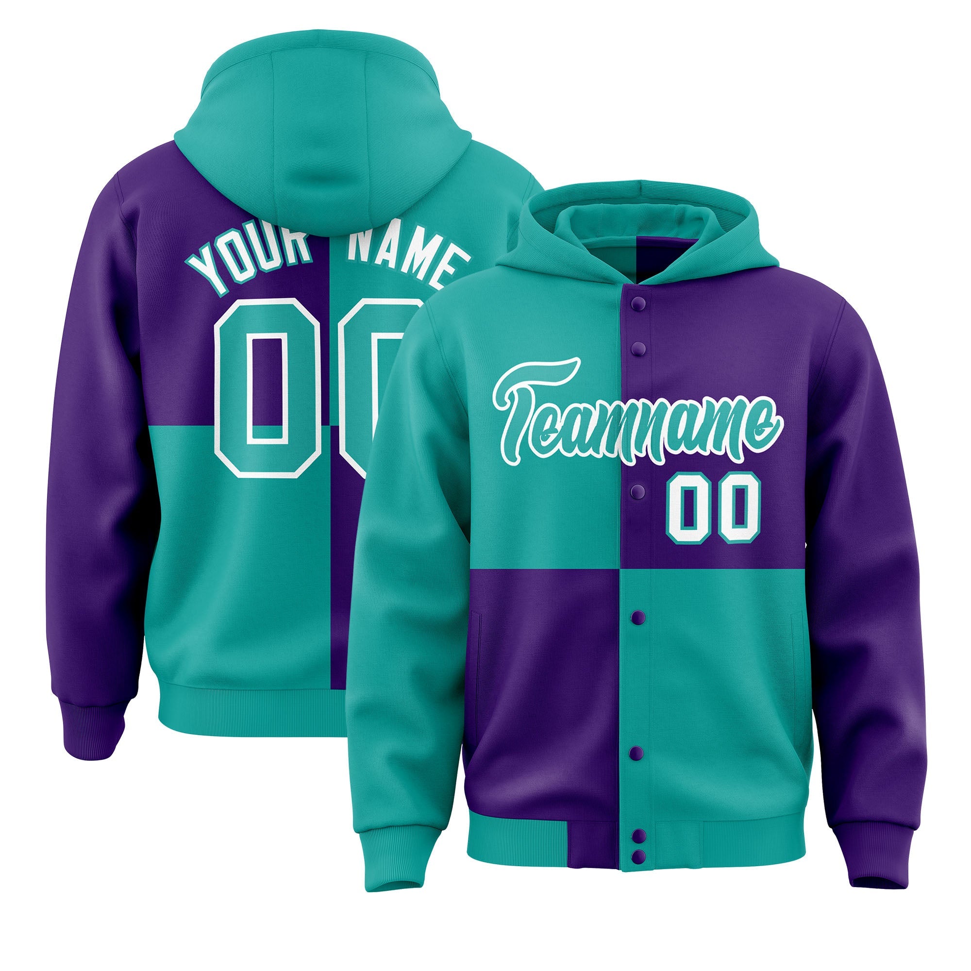 Custom Aqua Purple Varsity Full-Snap Four Squares Color Block Letterman Hoodie Jacket