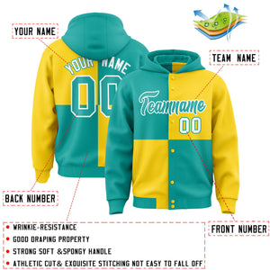 Custom Aqua Gold Varsity Full-Snap Four Squares Color Block Letterman Hoodie Jacket