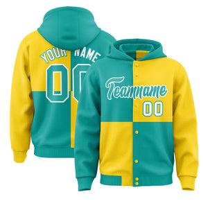 Custom Aqua Gold Varsity Full-Snap Four Squares Color Block Letterman Hoodie Jacket