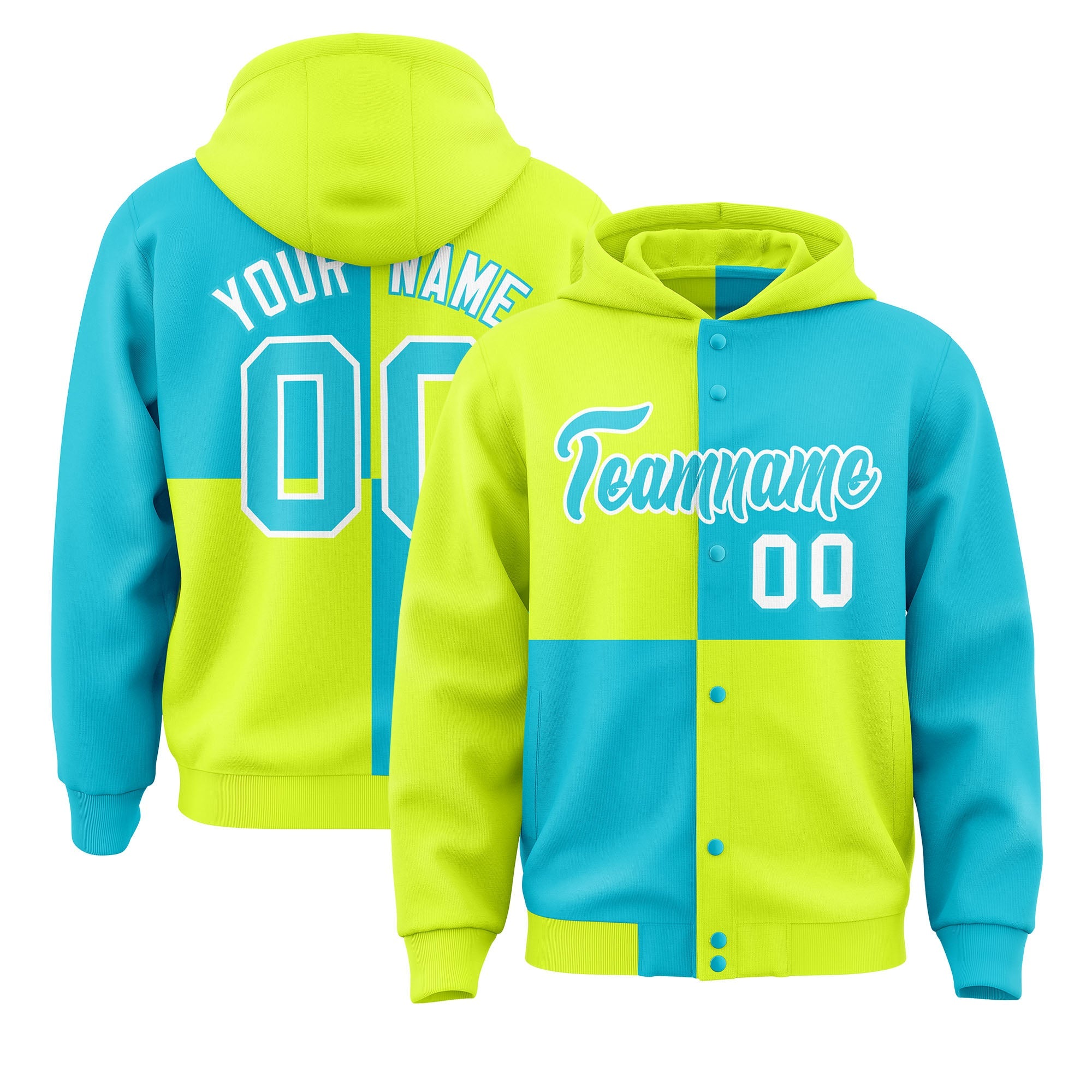 Custom Green Sky Blue Varsity Full-Snap Four Squares Color Block Letterman Hoodie Jacket