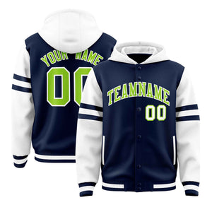 Custom Navy White Raglan Sleeves Varsity Full-Snap Letterman Three Stripes Hoodie Jacket