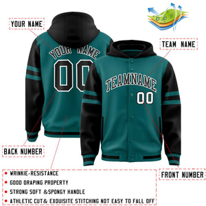 Custom Aqua Black Raglan Sleeves Varsity Full-Snap Letterman Three Stripes Hoodie Jacket