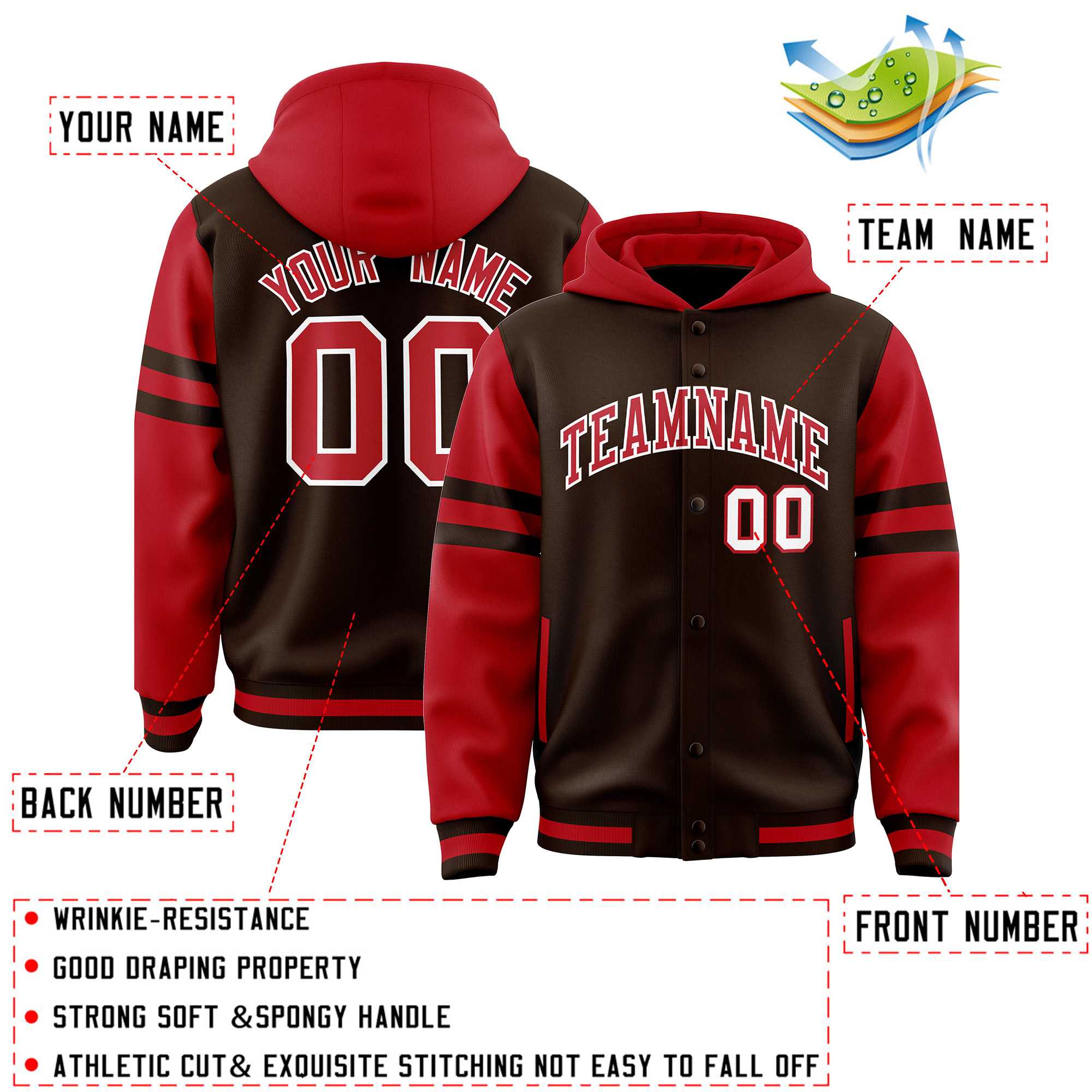 Custom Brown Red Raglan Sleeves Varsity Full-Snap Letterman Three Stripes Hoodie Jacket