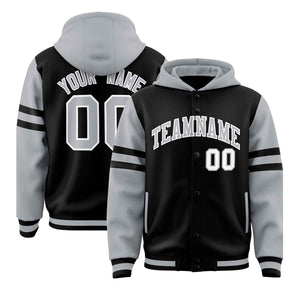 Custom Black Silver Raglan Sleeves Varsity Full-Snap Letterman Three Stripes Hoodie Jacket