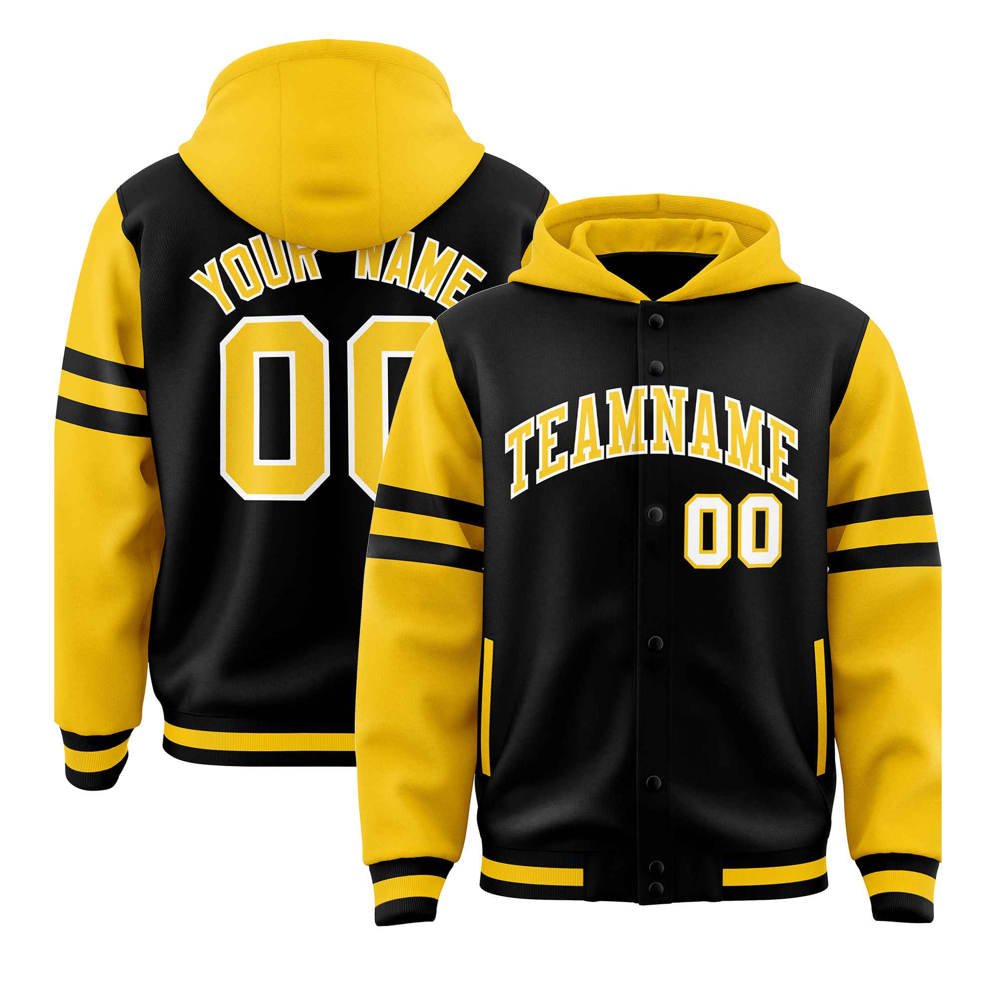 Custom Black Gold Raglan Sleeves Varsity Full-Snap Letterman Three Stripes Hoodie Jacket